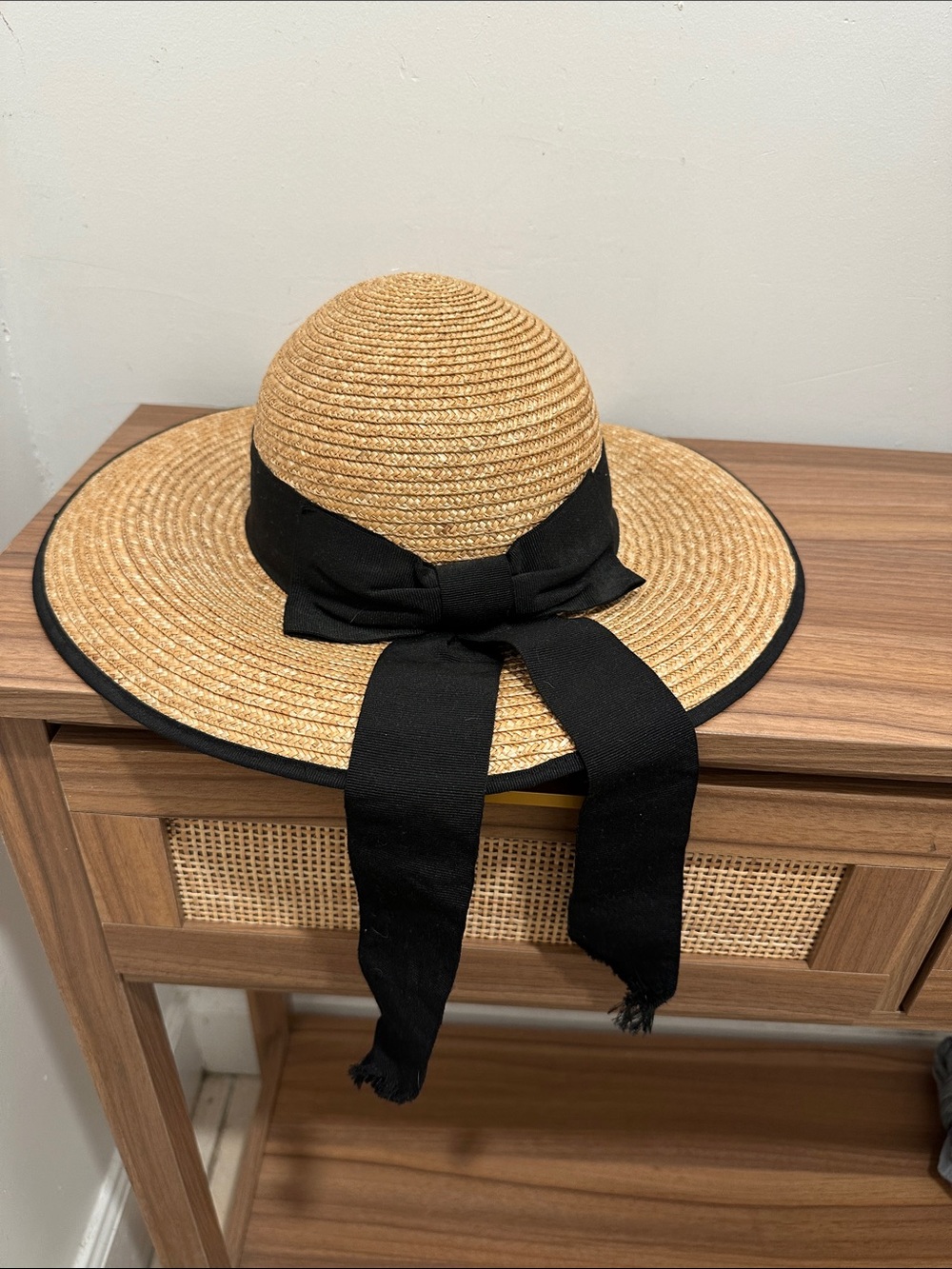 Cristianini Natural Straw Wide Brim Hat with Black Ribbon Bow